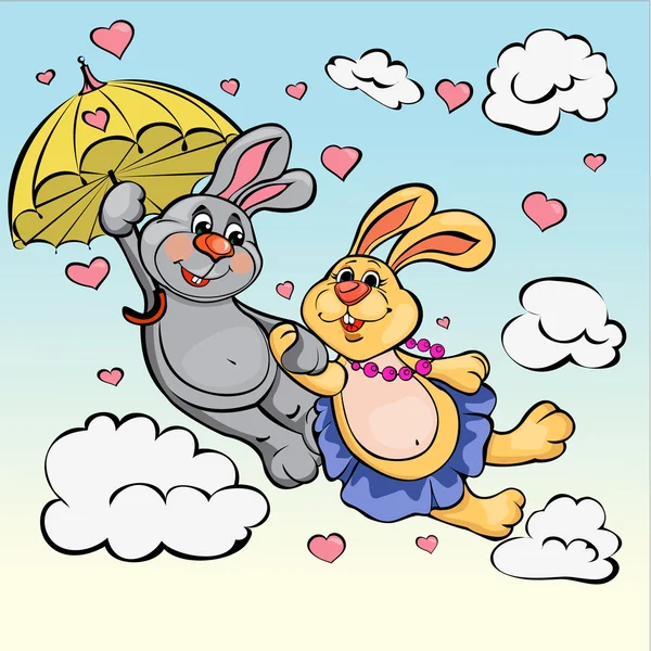 Zwei Liebes Kaninchen mit Regenschirm, Vektor-Zeichen — Stockvektor
